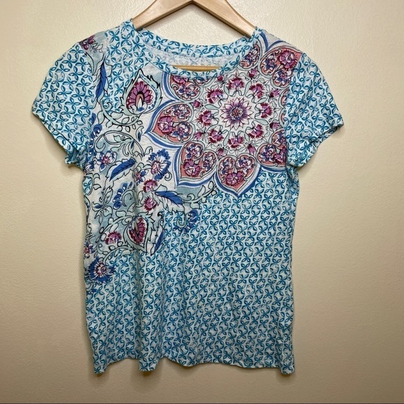 39. Talbots Short Sleeve Floral Paisley Print Linen Blend T Shirt Size P - Picture 1 of 5
